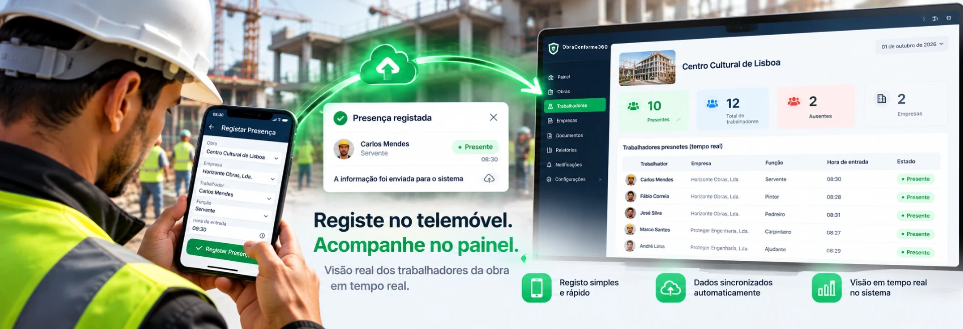 Registo de presença no telemóvel sincronizado com o painel de trabalhadores do ObraConforme360
