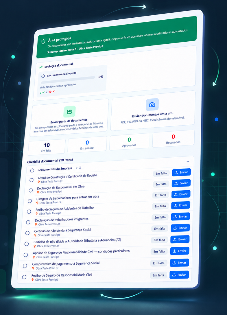 Portal de envio de documentos do ObraConforme360 para empreiteiros